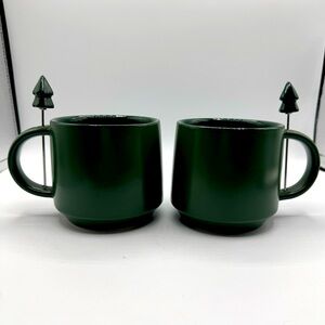 Holiday Time Mugs with Christmas Tree Stir Rod. Lot Of 2 Dark Green